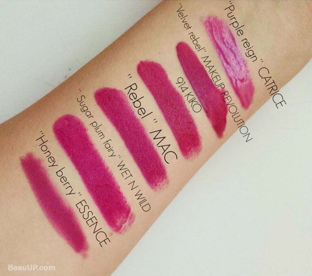 mur-velvet-rebel-914-kiko-mac-rebel-wet-n-wild-sugar-plum-fairy-essence-honey-berry