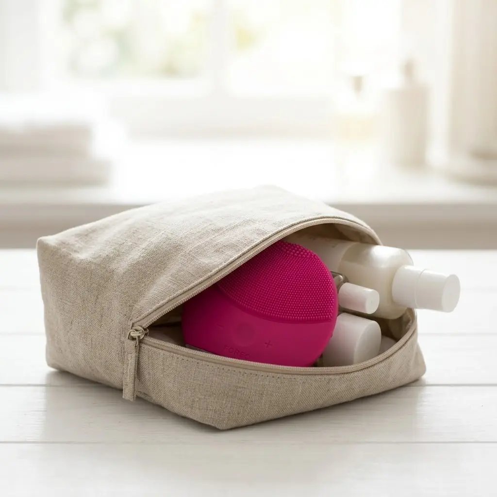 Lifestyle shot of FOREO LUNA Mini 2 facial brush in a linen travel bag.