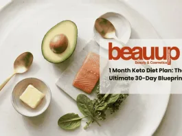 Minimalist editorial flat lay of keto diet staples: avocado, wild salmon, leafy greens, and grass-fed butter.