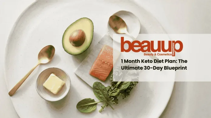 Minimalist editorial flat lay of keto diet staples: avocado, wild salmon, leafy greens, and grass-fed butter.