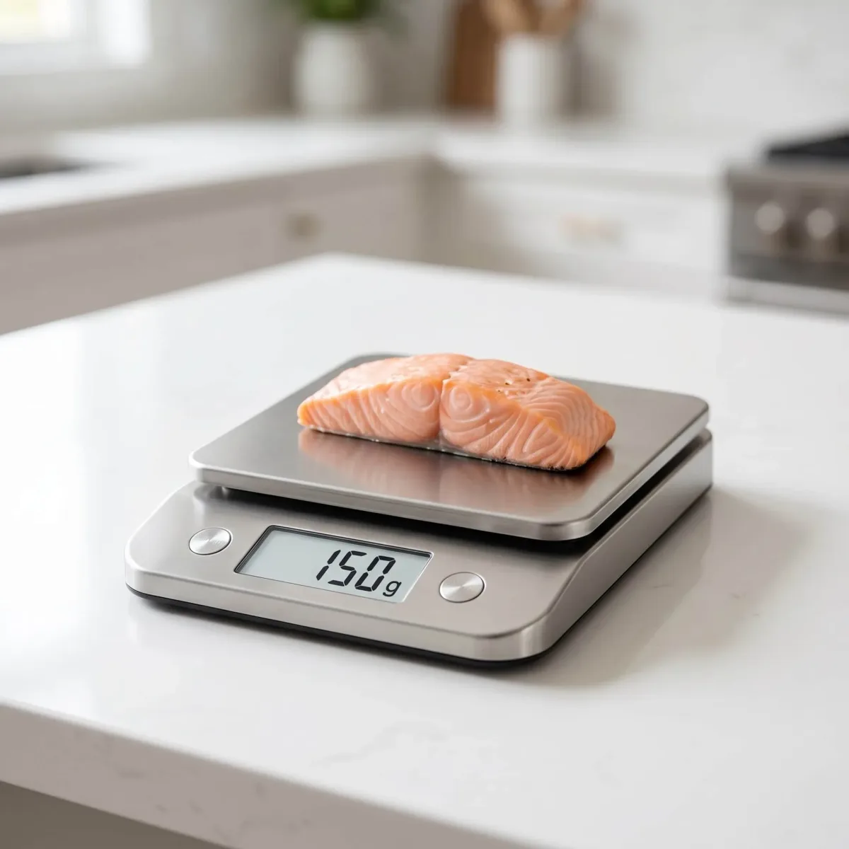 A sleek digital food scale displaying 150g while weighing a cooked salmon fillet.