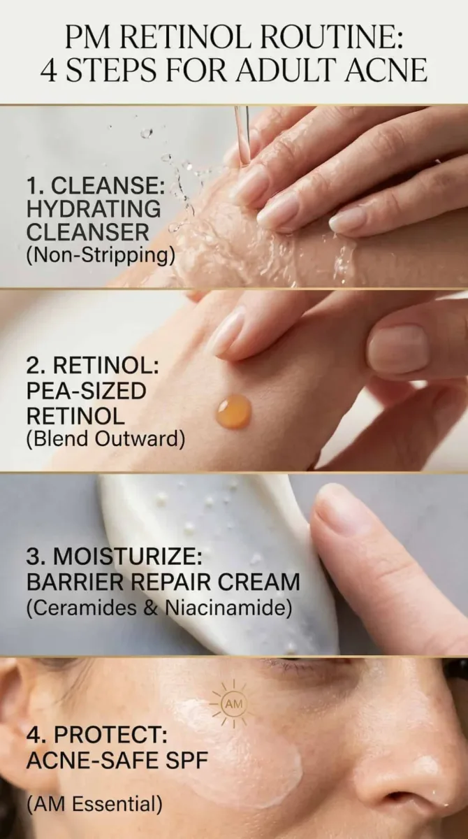4 Steps for building an adult acne retinol routine, minimalist design.