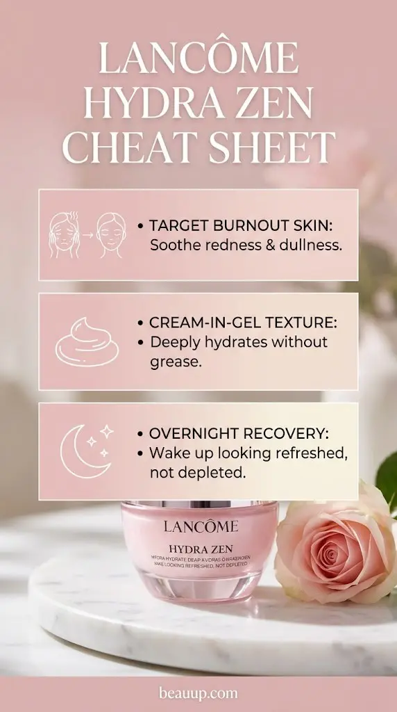 Pinterest infographic cheat sheet summarizing the benefits of Lancôme Hydra Zen anti-stress cream for burnout skin.