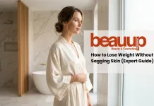 Radiantly firm skin on a confident woman in a luxury minimalist spa, showing body contour consistency.