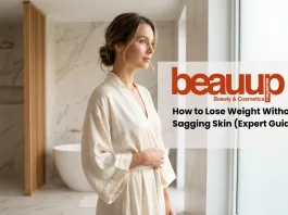 Radiantly firm skin on a confident woman in a luxury minimalist spa, showing body contour consistency.