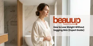 Radiantly firm skin on a confident woman in a luxury minimalist spa, showing body contour consistency.