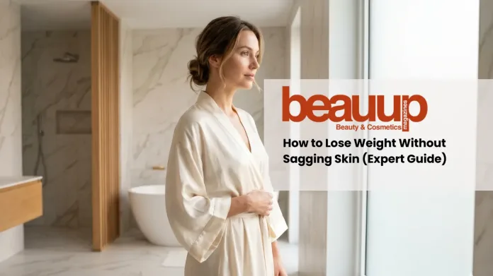 Radiantly firm skin on a confident woman in a luxury minimalist spa, showing body contour consistency.