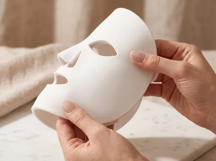 Macro product photo emphasizing the flexible silicone material of the currentbody skin led light therapy face mask.