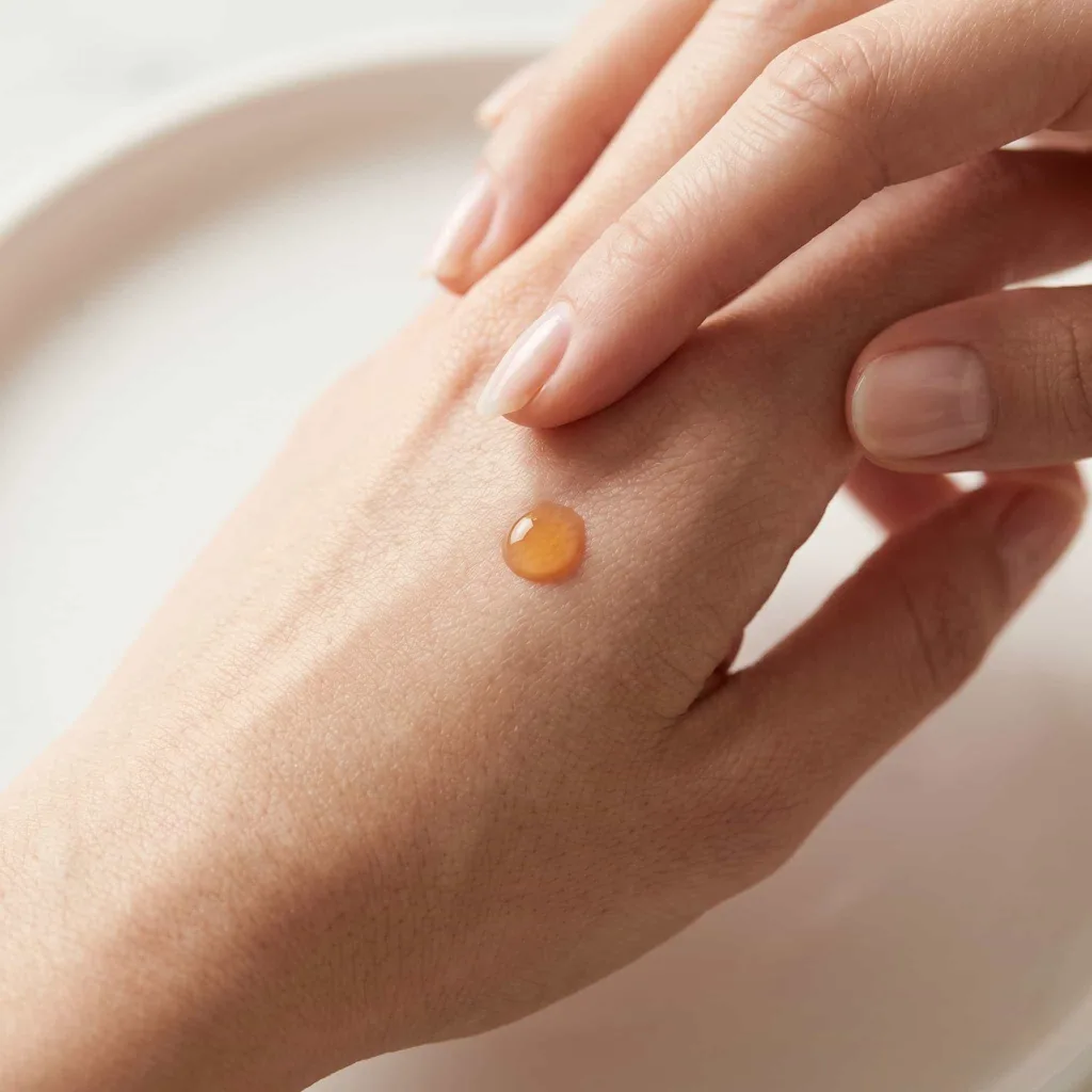 Pea-sized amount of retinol serum on clean skin, close-up, luxury beauty application.
