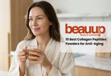 Radiant woman with dewy, hydrated skin enjoying a morning wellness ritual. Best collagen result.