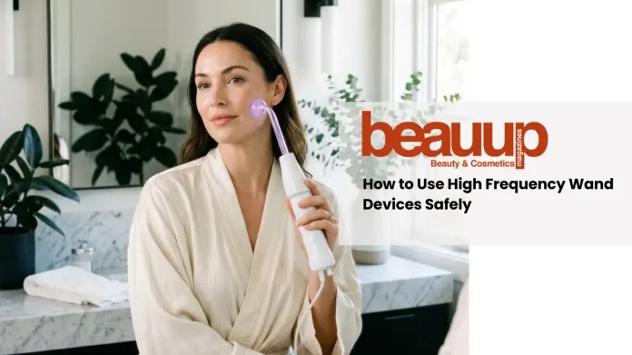A serene editorial photograph of a woman using a luxury high frequency wand at home.