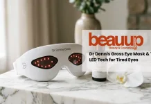 5 Advanced LED Devices to Rejuvenate and Refresh Tired Eyes Dr. Dennis Gross SpectraLite LED eye mask on luxury white marble surface.