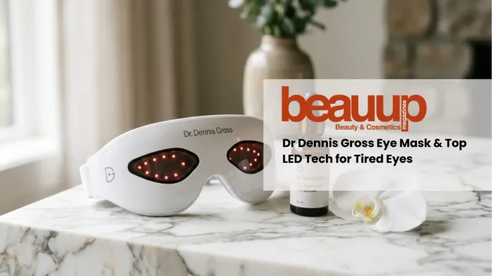 Dr. Dennis Gross SpectraLite LED eye mask on luxury white marble surface.