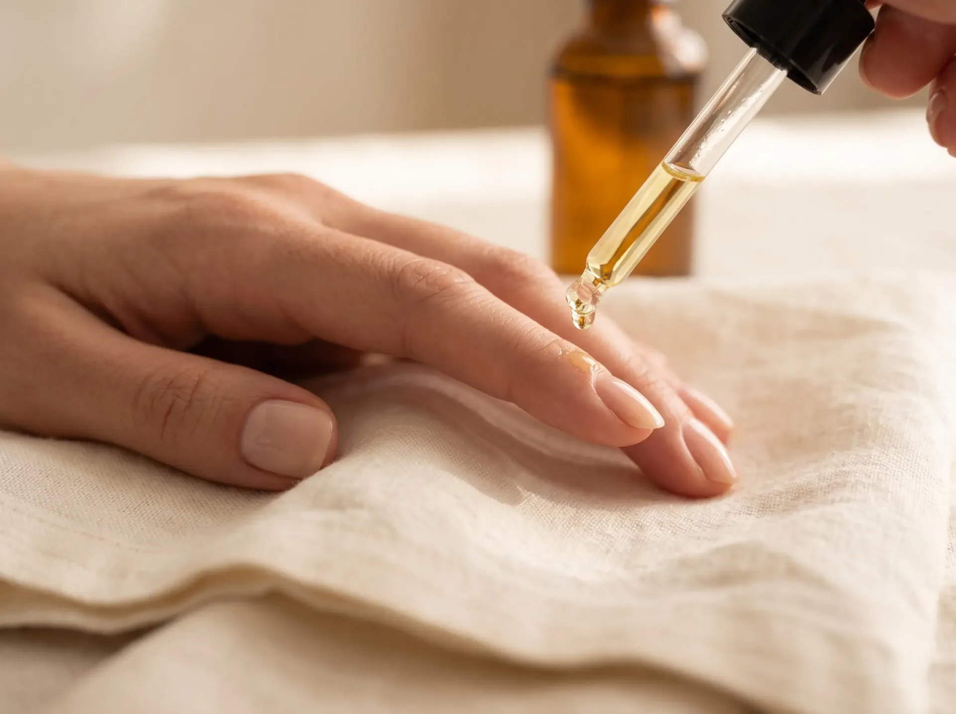 Close up of applying golden cuticle oil with a glass dropper.