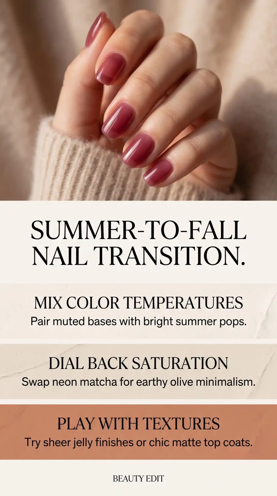 Pinterest visual summary cheat sheet for transitioning nails from summer to fall.