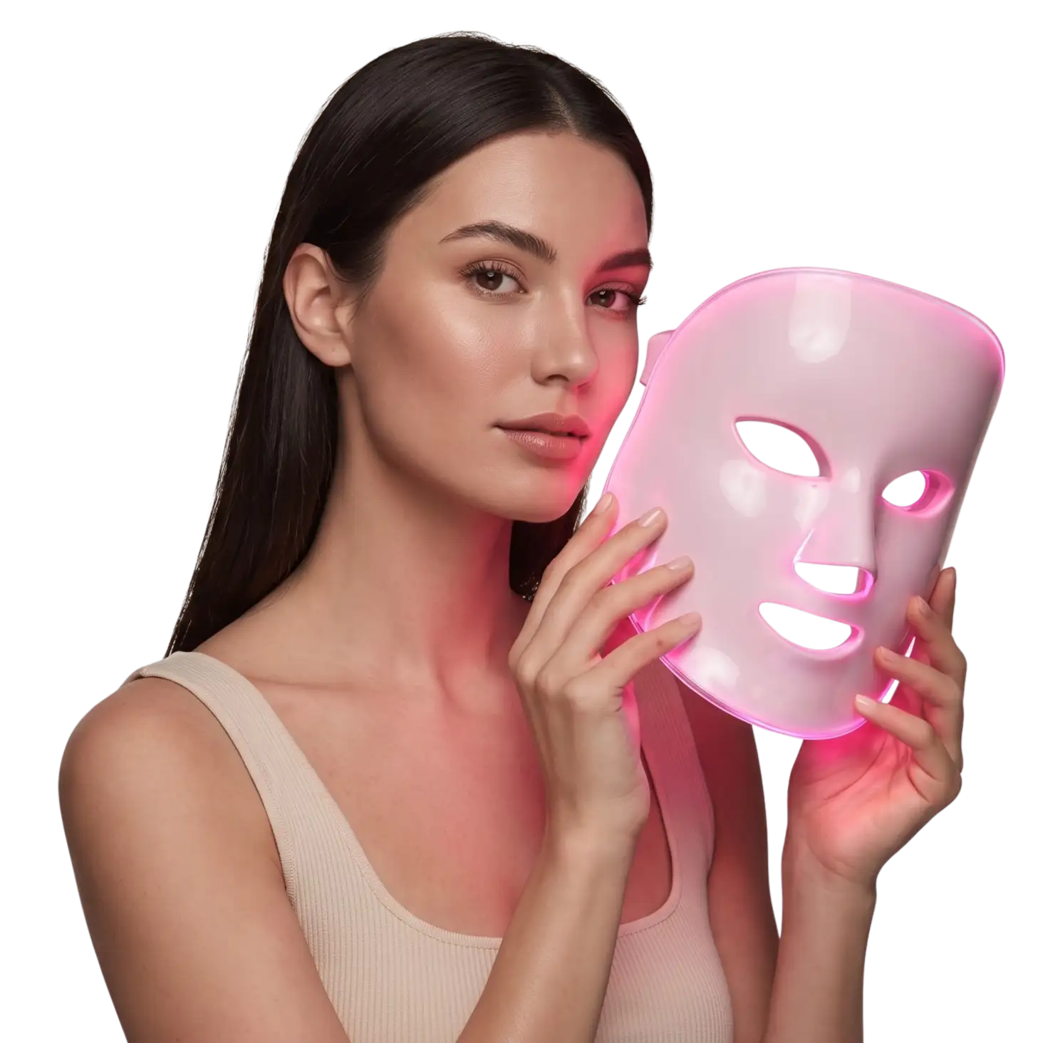 Woman using an LED light therapy face mask